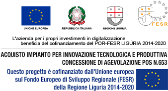 ACQUISTO IMPIANTO PER INNOVAZIONE TECNOLOGICA E PRODUTTIVA
CONCESSIONE DIU AGEVOLAZIONE POS N.653. Questo progetto è cofinanziato dall'Unione europea sul Fondo Europeo di Sviluppoo Regionale (FESR) della Regione Liguria 2014-2020 e Beneficio del cofinanziamento del PO-FESR LIGURIA 2014-2020